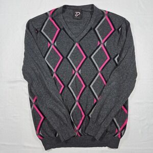 Ian Poulter IJP Design Mens Argyle V Neck Sweater Gray Pink Size XL Cotton Wool